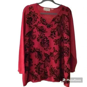 Alfred Dunner Womens Sweater Red Black Floral Beaded Long Sleeve V-Neck Size XL